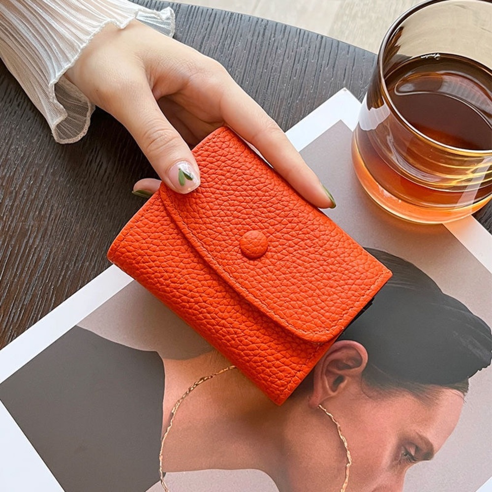 Compact Orange Pebbled Leather Wallet - Women Bags Wallets